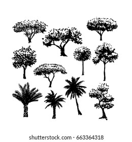 a big vector collection of hand drawn doodle trees; black and white marker drawing