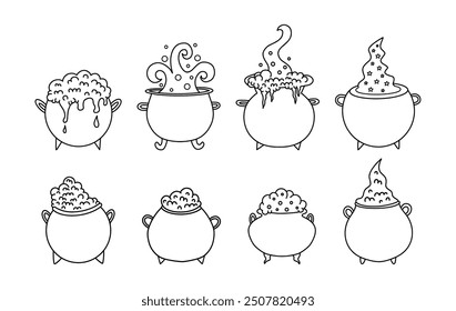 Big vector collection of magic cauldrons with bubbles in doodle style. Mystical hand drawn illustration. Line elements isolated on white background