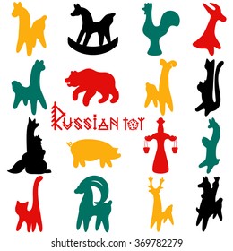 Big vector collection with national Russian Filimonovo toys. Silhouettes isolated on white background.