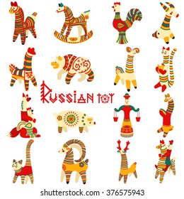 Big vector collection with national Russian Filimonovo toys isolated on white background.