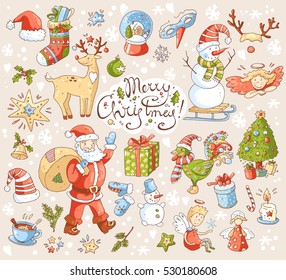 Big vector collection of New Year and Christmas objects and symbols: tree, deer, santa, snowflakes, gifts, clothes, stars and other. Cute cartoon style.