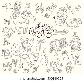 Big vector collection of New Year and Christmas objects and symbols: tree, deer, santa, snowflakes, gifts, clothes, stars and other. Cute cartoon style.