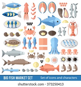 Big vector collection of seafood and fish delicacies. Set of icons in a flat style. Fish, squid, crab, caviar and other delicacies in a flat style