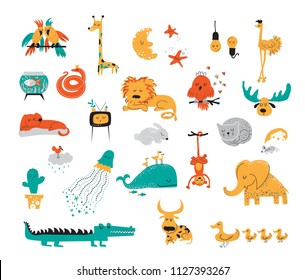 Big vector collection set of cute sleeping animals and objects in cartoon style. Parrot, giraffe, ostrich, fish, snake, lion, owl, elk, dog, cat, rabbit, cat, mouse, jellyfish, whale, monkey, elephant