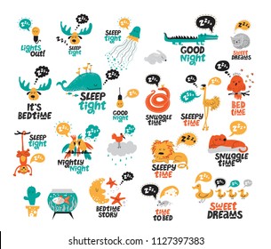 Big vector collection set of cute sleeping animals and objects with quotes about sleep in cartoon style isolated on white background. Parrot, giraffe, ostrich, fish, snake, lion, owl, elk, dog, cat 