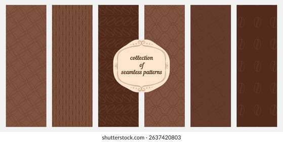 Big vector collection of stylish seamless pattern for coffee packaging templates in trendy linear style. Can be used for label, banner, poster, identity, branding.