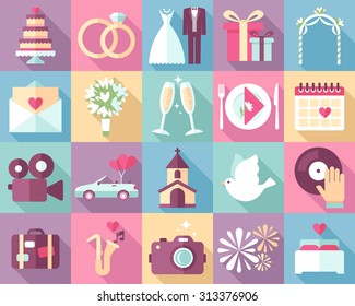 Big vector collection of wedding icons with long shadows. Modern pastel colors. Flat style.