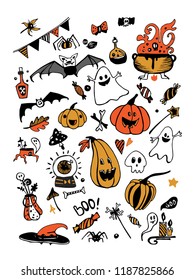 Big vector colorful set with Halloween elements, including pumpkins, mushrooms, sweets, skulls, bats, poison, ghosts. Vector illustration. Good for cards, sticker sets, prints on fabric