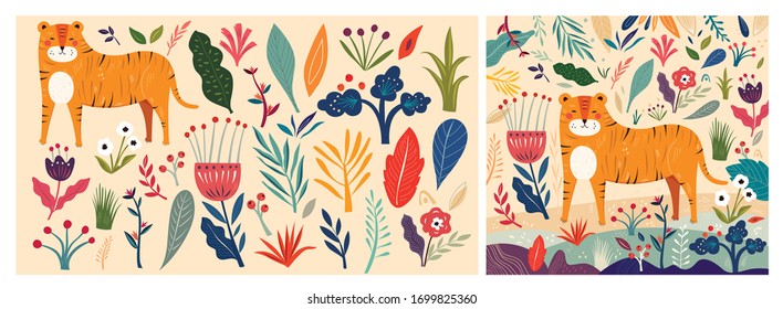 Colección de verano colorida Big Vector con flores, hojas y tigre. Ilustración de dibujos vectoriales de moda. Tarjeta Día de la Tierra