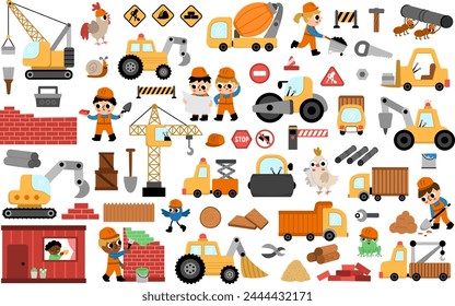 Gran sitio de construcción de Vector y conjunto de trabajo de carretera. Colección de iconos de construcción con niños constructores divertidos, transporte, bulldozer, tractor, camión, grúa de orugas, animales. Servicio de reparación lindo ilustraciones planas
