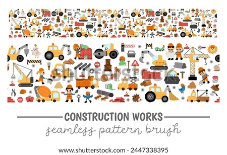 Big vector construction site, road work seamless pattern brush. Cute repair service or building repeat boarder with kid builders, transport, bulldozer, tractor, truck, crawler crane, animals 
