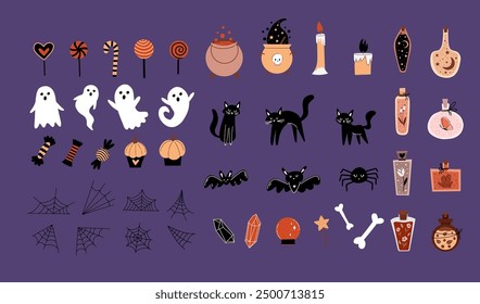 Big vector cute collection with halloween elements. Magic hand drawn illustration with ghosts, candies, lollipops and different potions.
