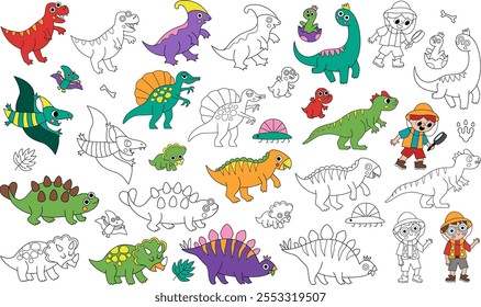 Conjunto de páginas para colorear de dinosaurio de Vector grande. Iconos prehistóricos de colores y blanco y negro colección con divertidos t-rex, Spinosaurus, pterodáctilo, triceratops. Lindas ilustraciones de línea con animales antiguos