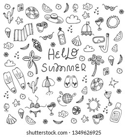 Big vector doodle beach set. Hand drawn summer isolated objects: fruit, palm, cocktail, earth, ice cream, swimwear, cactus, shell, sun, sunglasses, hat, ball, star