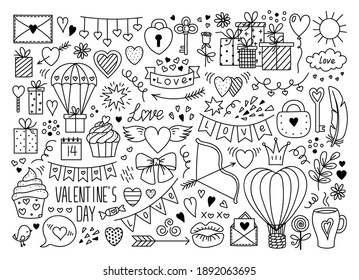 Big Vector Doodle Love Symbols Set. Hearts, Hot Air Balloon, Gifts Parachute, Banner, Flag Garland, Lettering Valentines Day. Holiday elements isolated collection for design greeting card, poster