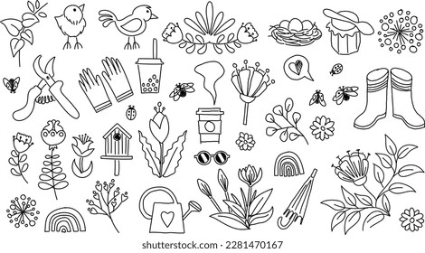 Big vector doodle on spring vibes. Floral ornament, illustrations items isolated on a white background. Handcraft line art.
