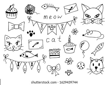 Big vector doodle set with black outline for holiday cats. Birthday of a pet, fish, cupcakes, muzzles, garlands with flags, postcard, balls, bows, tangle, mouse. Congratulations to your beloved animal