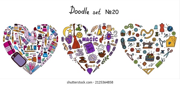 Big vector doodle sewing, magical, paint sets. Vector tailoring, halloween, artist s tools icons. Sewing mannequin, machine, measuring and cutting supplies, Black outline. Sketch with professions