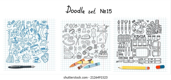 Big vector doodle sewing, magical, paint sets. Vector tailoring, halloween, artist s tools icons. Sewing mannequin, machine, measuring and cutting supplies, Black outline. Sketch with professions