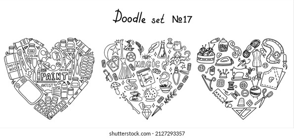 Big vector doodle sewing, magical, paint sets. Vector tailoring, halloween, artist s tools icons. Sewing mannequin, machine, measuring and cutting supplies, Black outline. Sketch with professions