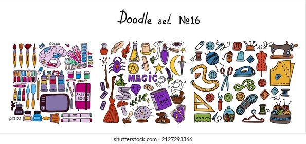 Gran costura vectorial de doodles, mágica, juegos de pintura. Rastreo vectorial, halloween, iconos de herramientas del artista. Mannequina de coser, máquina, suministros de medida y corte, contorno negro. Esbozo con profesiones