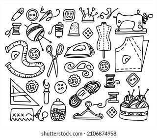 Big vector doodle sewing set. Vector tailoring tools icons. Sewing mannequin, machine, measuring and cutting supplies, Black outline. Sketch with professions