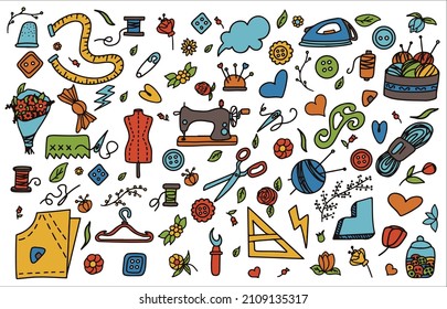 Big vector doodle sewing set. Vector tailoring tools icons. Sewing mannequin, machine, measuring and cutting supplies, Black outline. Sketch with professions