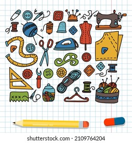 Big vector doodle sewing set. Vector tailoring tools icons. Sewing mannequin, machine, measuring and cutting supplies, Black outline. Sketch with professions