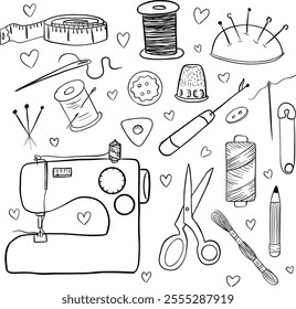 Big vector doodle sewing set. Vector tailoring tools icons. Sewing mannequin, machine, measuring and cutting supplies, Black outline. Sketch with professions