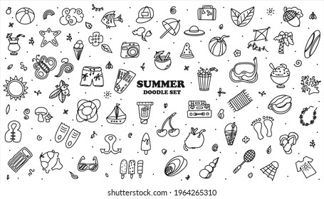 A Big vector doodle summer set. Hand draw accessories for beach holidays by the sea. Flat design Illustration for ads, web, flyers, and banners. Set of drawn by hand icons. Summer fruits, food