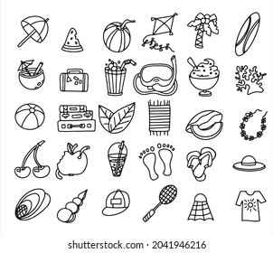 A Big vector doodle summer set. Accessories for beach holidays by the sea. Flat design Illustration for ads, web, flyers, and banners. Set of drawn by hand icons. Summer fruits, food, transport and