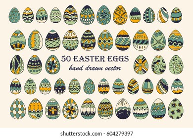 Big vector Easter egg set. 50 Easter hand-drawn decorative ornate egg elements for your design.