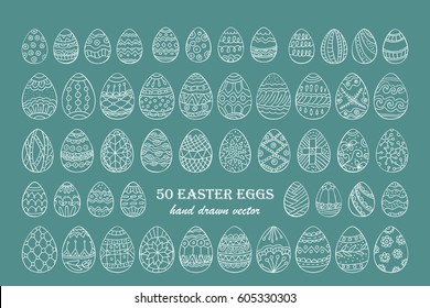 Big vector Easter egg set. 50 Easter hand-drawn decorative ornate egg elements for your design. Outline egg signs.