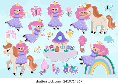 Big vector fairy stickers set. Fairytale patch icon collection with funny little princess, rainbow, unicorn, falling star. Cute flat magic fantasy world illustrations on blue abstract background