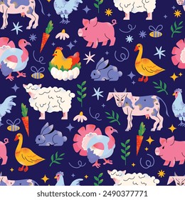 Big vector farm animals seamless pattern. Big collection with cow, sheep, turkey, rabbit, duck, hen, pig. Food for animals. Countryside, agriculture. Cute farm animal isolated on dark background