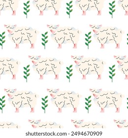 Big vector farm animals seamless pattern. Big collection with cow, sheep, turkey, rabbit, ducks, hen, pig. Food for animals. Countryside, agriculture. Cute farm animal isolated on background