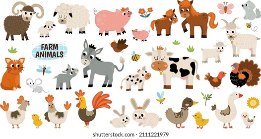 Big vector farm animals set  Big collection and cow  horse  goat  sheep  duck  hen  pig   their babies  Country birds illustration pack  Cute mother   baby icons  Rural themed nature collection
