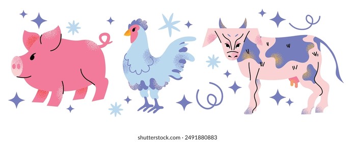 Big vector farm animals set. Big collection with cow, sheep, turkey, rabbit, duck, hen, pig. Food for animals. Countryside, agriculture. Cute farm animal isolated on white background