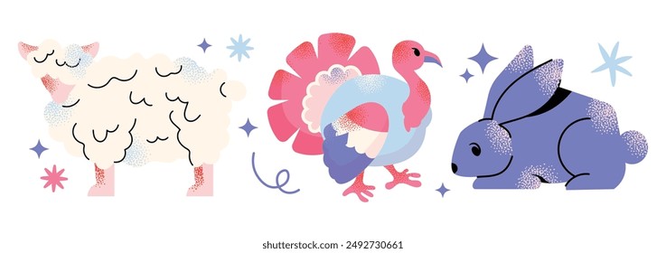 Big vector farm animals set. Big collection with cow, sheep, turkey, rabbit, duck, hen, pig. Food for animals. Countryside, agriculture. Cute farm animal isolated on white background
