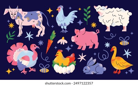 Big vector farm animals set. Big collection with cow, sheep, turkey, rabbit, duck, hen, pig. Food for animals. Countryside, agriculture. Cute farm animal isolated on dark background