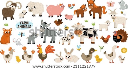 Big vector farm animals set. Big collection with cow, horse, goat, sheep, duck, hen, pig and their babies. Country birds illustration pack. Cute mother and baby icons. Rural themed nature collection
