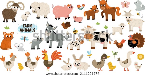 Big vector farm animals set. Big collection\
with cow, horse, goat, sheep, duck, hen, pig and their babies.\
Country birds illustration pack. Cute mother and baby icons. Rural\
themed nature collection\
