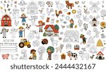 Big vector farm coloring pages set. Rural colored and black and white icons collection with funny kid farmers, barn, country house, animals, birds, tractor. Cute line village or garden illustrations

