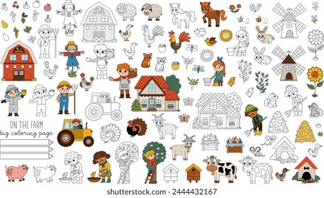 Big vector farm coloring pages set. Rural colored and black and white icons collection with funny kid farmers, barn, country house, animals, birds, tractor. Cute line village or garden illustrations
