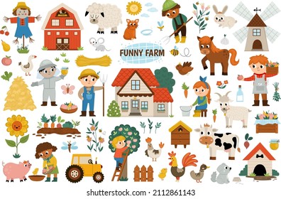 Big vector farm set. Rural icons collection with funny kid farmers, barn, country house, animals, birds, tractor, windmill, hay stacks, fruit, vegetables, beehive. Cute flat garden illustration