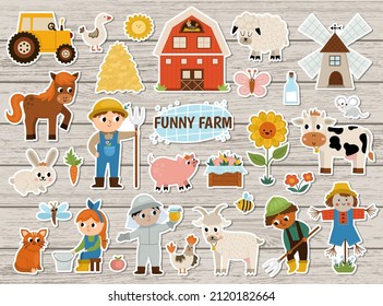 Big vector farm stickers set. Rural patches icons collection with funny kid farmers, barn, animals, birds, tractor, windmill, hay, beehive. Cute flat village or garden illustrations on wood background