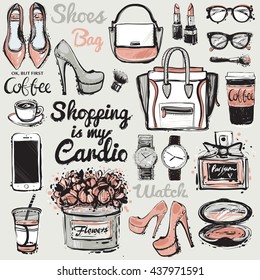 Big vector fashion illustration accessories sketch set. Hand drawn graphic high heel shoes, bag, glasses, watch, coffee cup, smartphone, perfume, flowers, lipstick, shopping is my cardio lettering.