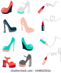 Big vector fashion sketch set. Hand drawn graphic lips, eye, heels, lipstick. Contrasty glamour fashion inky sketch Isolated elements on white background