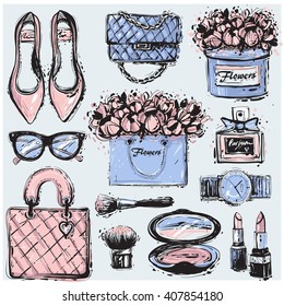 Big vector fashion sketch set. Hand drawn graphic shoes, bag, makeup brush, lipstick, powder, wrist watch, perfume, flower box, eye glasses, flowers. Trend glamour fashion illustration kit vogue style