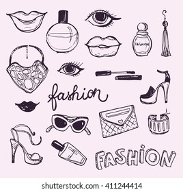 Big vector fashion sketch set. Hand drawn graphic lips, perfume. Glamour fashion sketch.Vector illustration